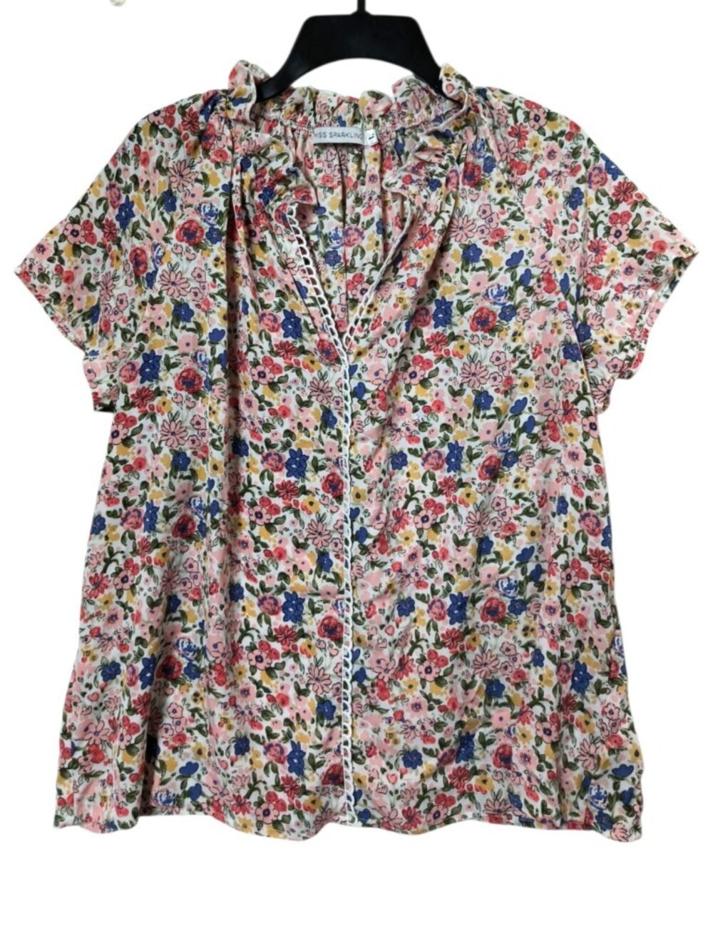 Miss Sparkling Women's L Woven Floral V-Neck Short Sleeve Blouse Ruffle Lace